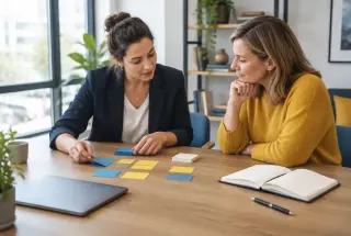 Deux professionnelles définissent le positionnement d’une marque autour de cartes colorées vierges dans un bureau lumineux.